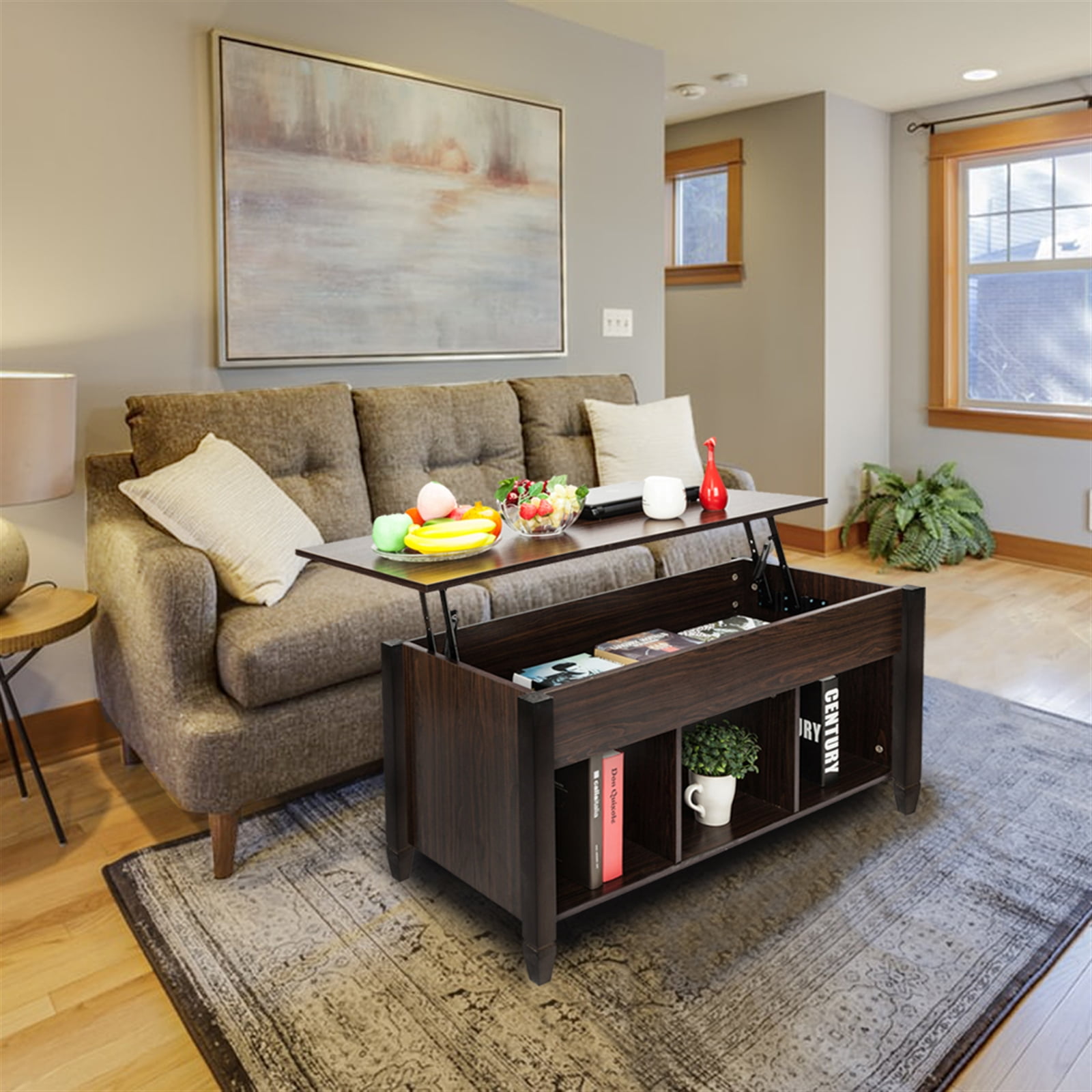 Kadyn Lift Top Coffee Table (with 3 Storage Rooms), Pop-up Coffee Table for Living Room, Central Coffee Table with Wooden Lifting Top, Brown Kadyn Lift Top Coffee Table (with 3 Storage Rooms), Pop-up Coffee Table for Living Room, Central Coffee Table with Wooden Lifting Top, Brown