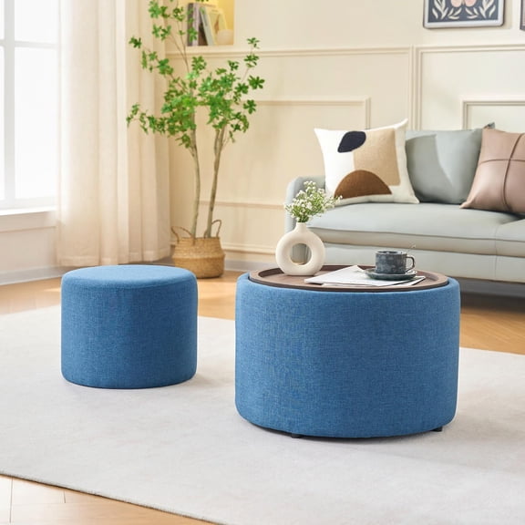 Kadyn Linen Nesting Ottoman with Wood Tray, Storage Footstool and Round Coffee Table Bench Set, Blue (22.75 Inch)