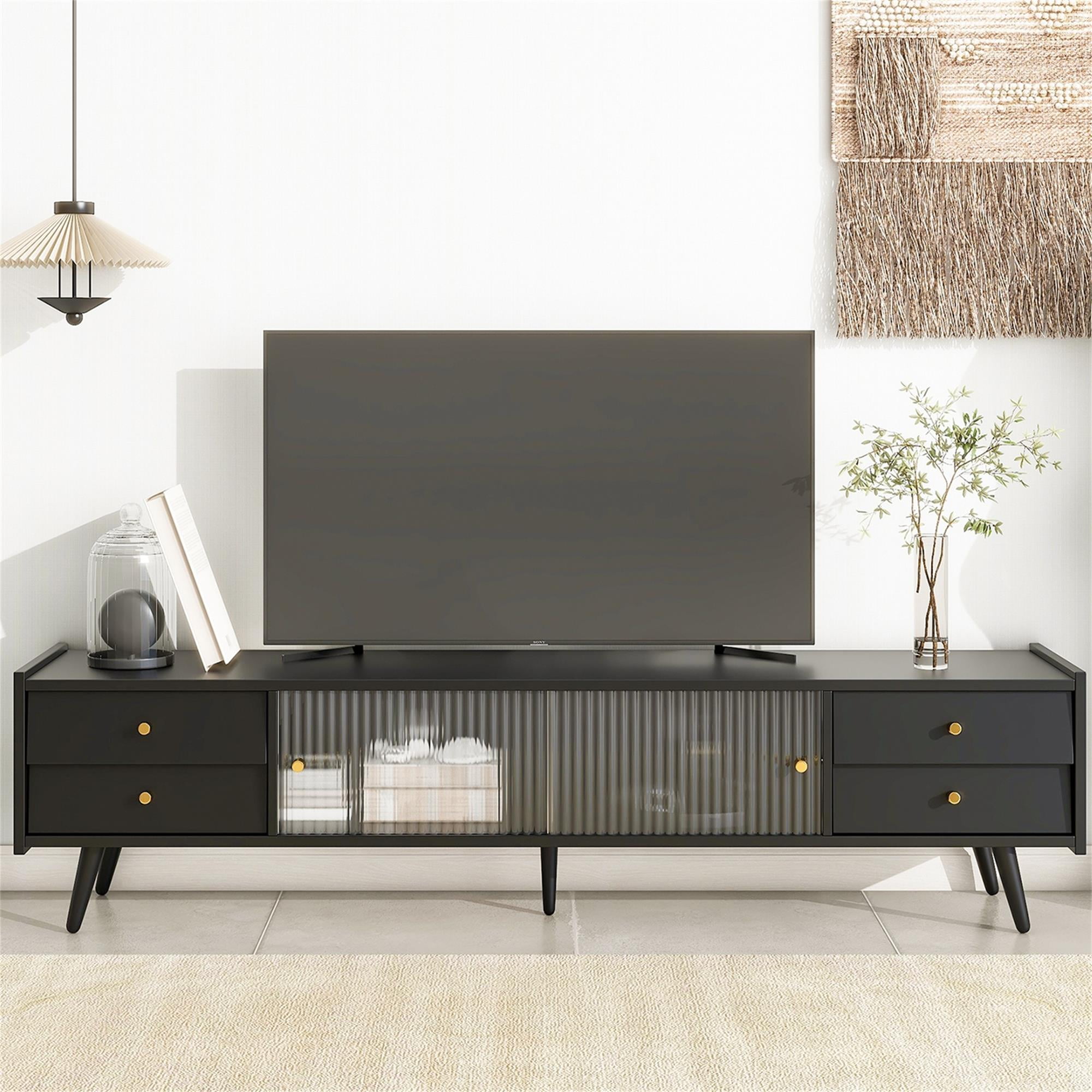 Kadyn MDF TV Stand, Entertainment Center TV Console with Sliding Fluted Glass Doors for TVs Up to 70", Black