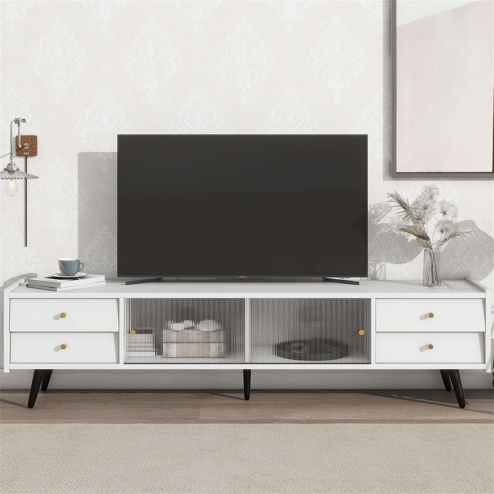 Kadyn MDF TV Stand, Entertainment Center TV Console with Sliding Fluted Glass Doors for TVs Up to 70", White
