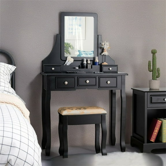 Kadyn Makeup Dressing Table Modern Vanity Set, 5 Drawers Removable Box Makeup Dressing Vanity Set-Black