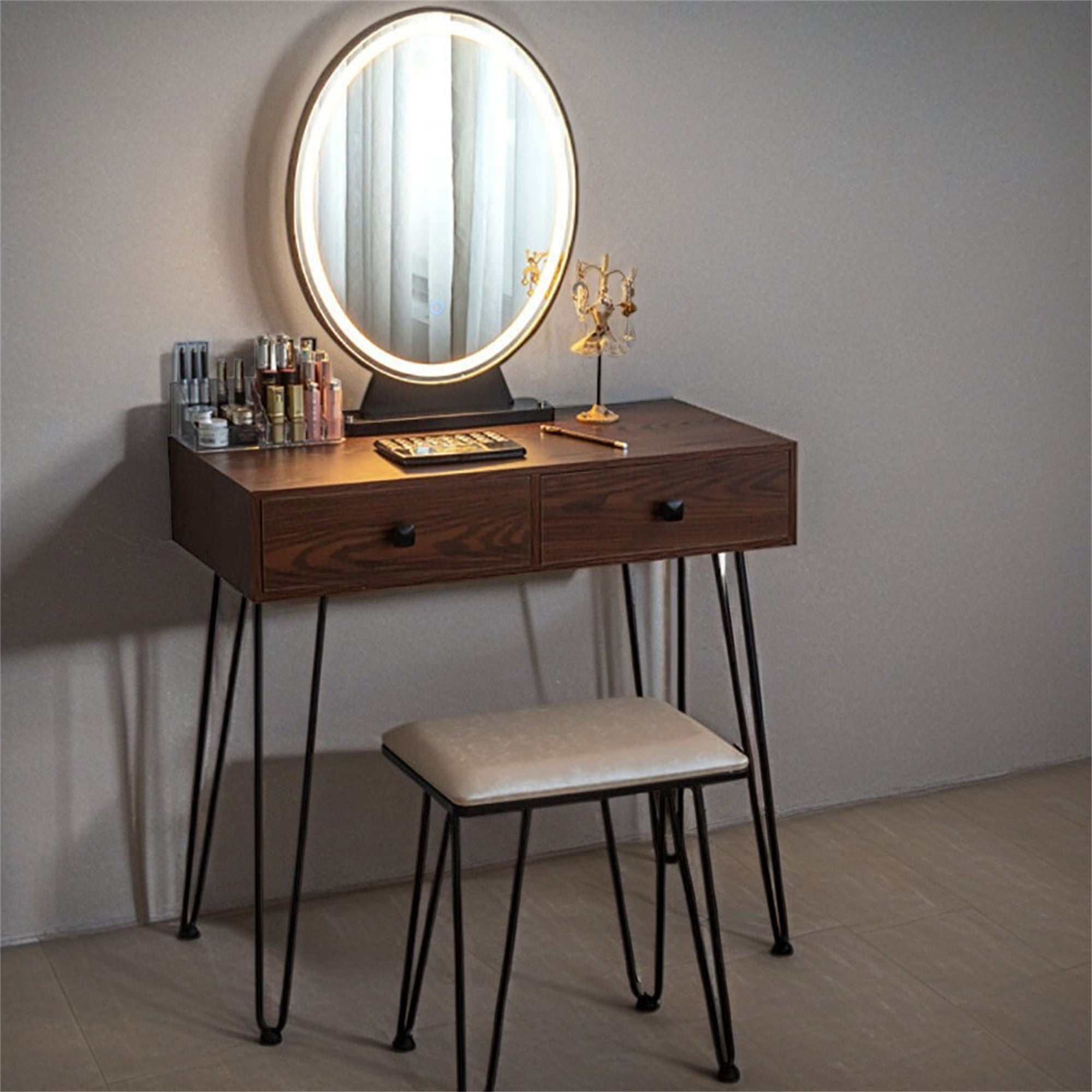 Kadyn Makeup Dressing Table Modern Vanity Set, Industrial Makeup Dressing Table with 3 Lighting Modes-Walnut