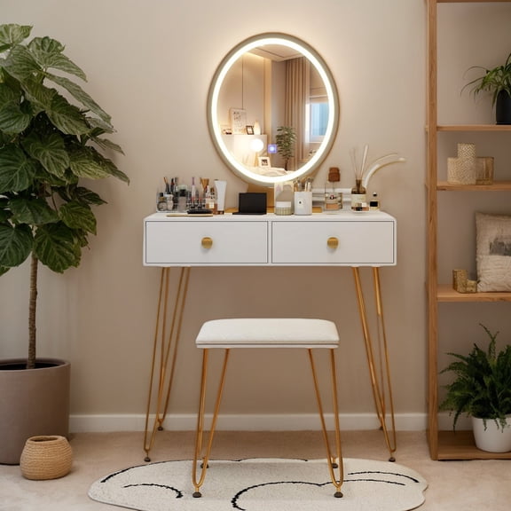 Kadyn Makeup Dressing Table Modern Vanity Set, Industrial Makeup Dressing Table with 3 Lighting Modes-White
