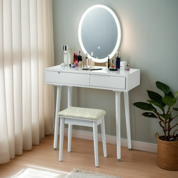 Kadyn Makeup Dressing Table Modern Vanity Set, Touch Screen Vanity Makeup Table Stool Set with Lighted Mirror-White