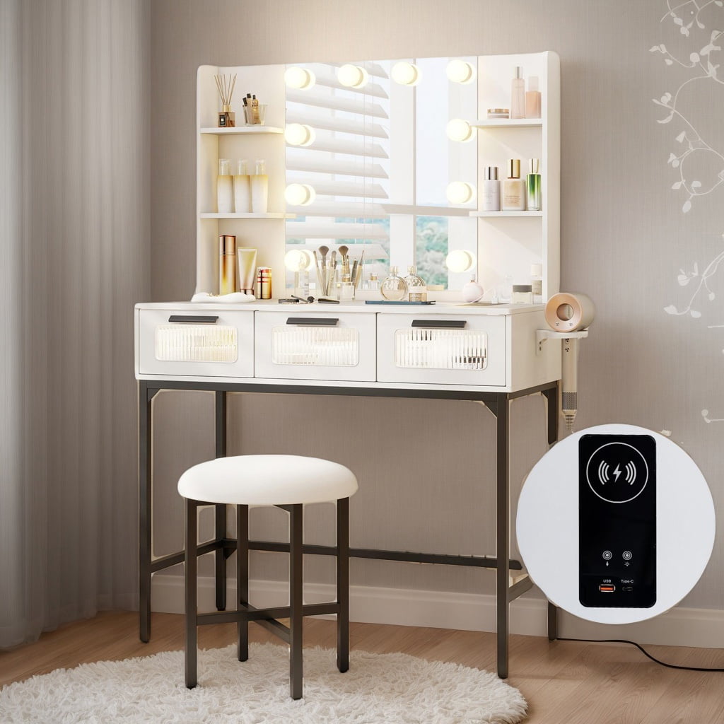 Kadyn Makeup Dressing Table Set, Vanity Set,Bedroom Makeup Vanity Desk with Hollywood Mirror and Lights-White