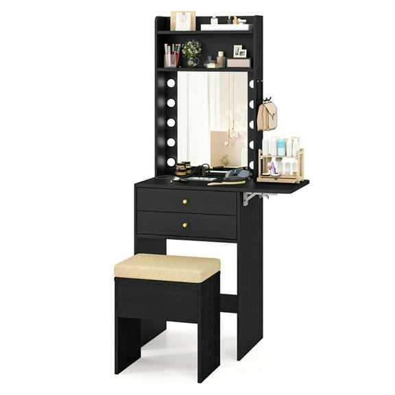 Kadyn Makeup Dressing Table Set, Vanity Set,Compact Vanity Desk Set with 3-Color Lighted Mirror and Power Outlets-Black