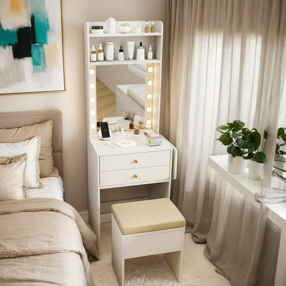 Kadyn Makeup Dressing Table Set, Vanity Set,Compact Vanity Desk Set with 3-Color Lighted Mirror and Power Outlets-White