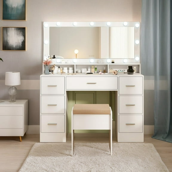 Kadyn Makeup Dressing Table Set, Vanity Set,Makeup Vanity Desk with Mirror 3-Color LED Lights and Charging Station-White