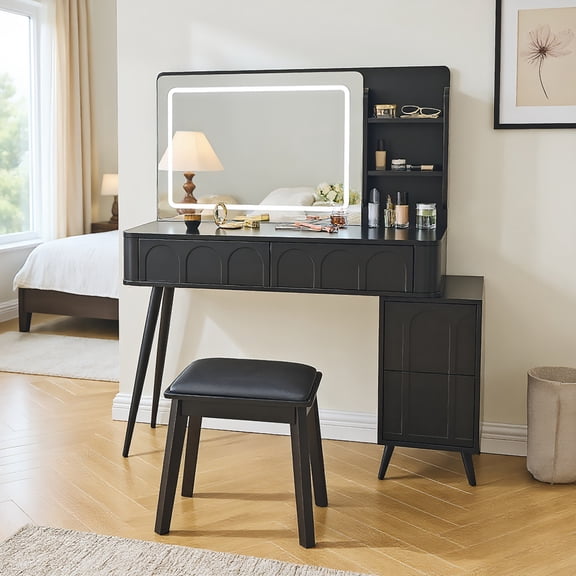 Kadyn Makeup Dressing Table Set, Vanity Set,Modern Makeup Vanity Desk with LED Lights & Mirror, 4 Drawer Dressing Table Set with Stool, Black