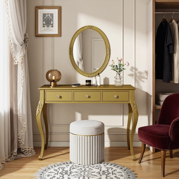 Kadyn Makeup Dressing Table, Vanity Desk,Luxury Makeup Vanity Desk with Oval Mirror, 3-Drawer Dressing Table for Jewelry Storage, Gold