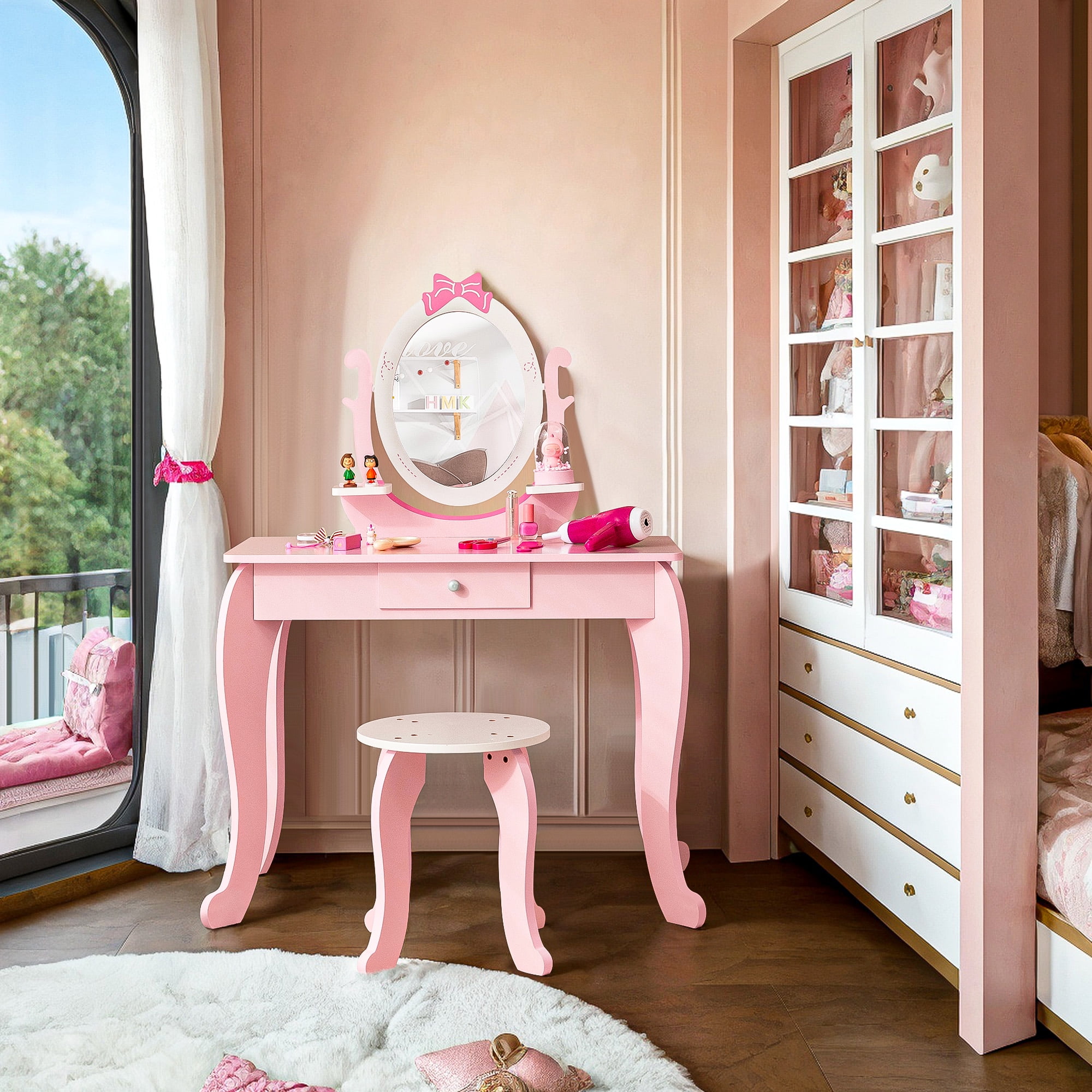Kadyn Makeup Table with Cushioned Stool, Vanity Desk with Oval Rotatable Mirror and Drawers, Bedroom Wood Dressing Table for Kids, Pink