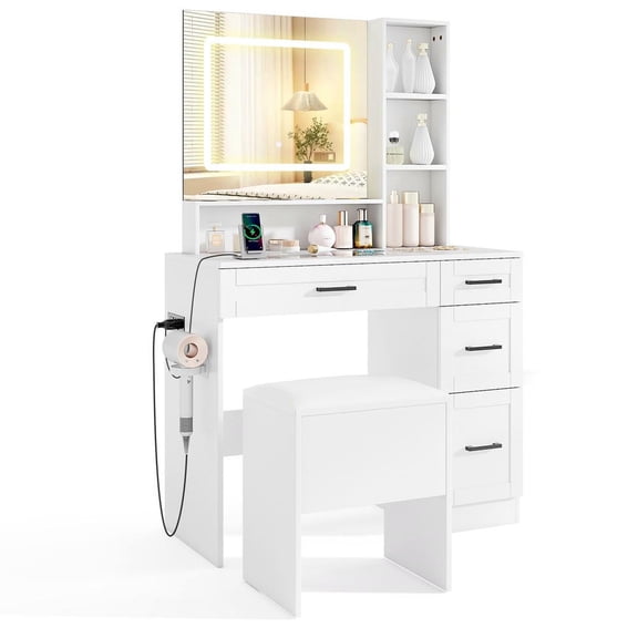 Kadyn Makeup Vanity Desk with 3 Color Lighting and Hair Dryer Stand, Make Up Table Dressing Table for Bedroom, Living Room, Guest Room, White