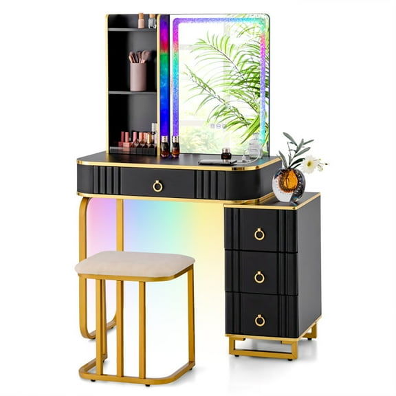 Kadyn Makeup Vanity Desk with Mirror and LED Lights, Vanity Table Set with Storage Shelves and Drawers, Wireless Charging Station, Black