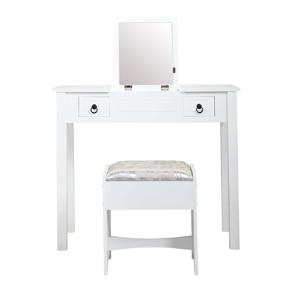 Kadyn Makeup Vanity Set, Vanity Desk with Flip Top Mirror Makeup and 2 Drawers Cushioned Stool 3 Removable Organizers, White