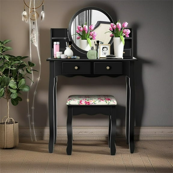 Kadyn Makeup Vanity Table Set Girls Dressing Table with Drawers Oval Mirror-Black