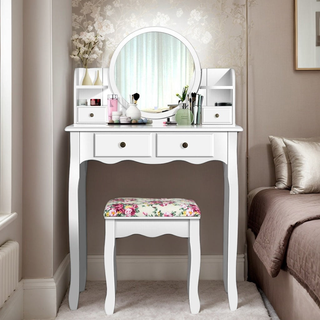 ladies dressing table set Kadyn Makeup Vanity Table Set Girls Dressing Table with Drawers Oval  Mirror-White