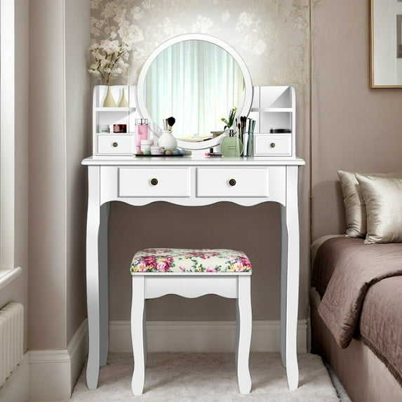 Kadyn Makeup Vanity Table Set Girls Dressing Table with Drawers Oval Mirror-White