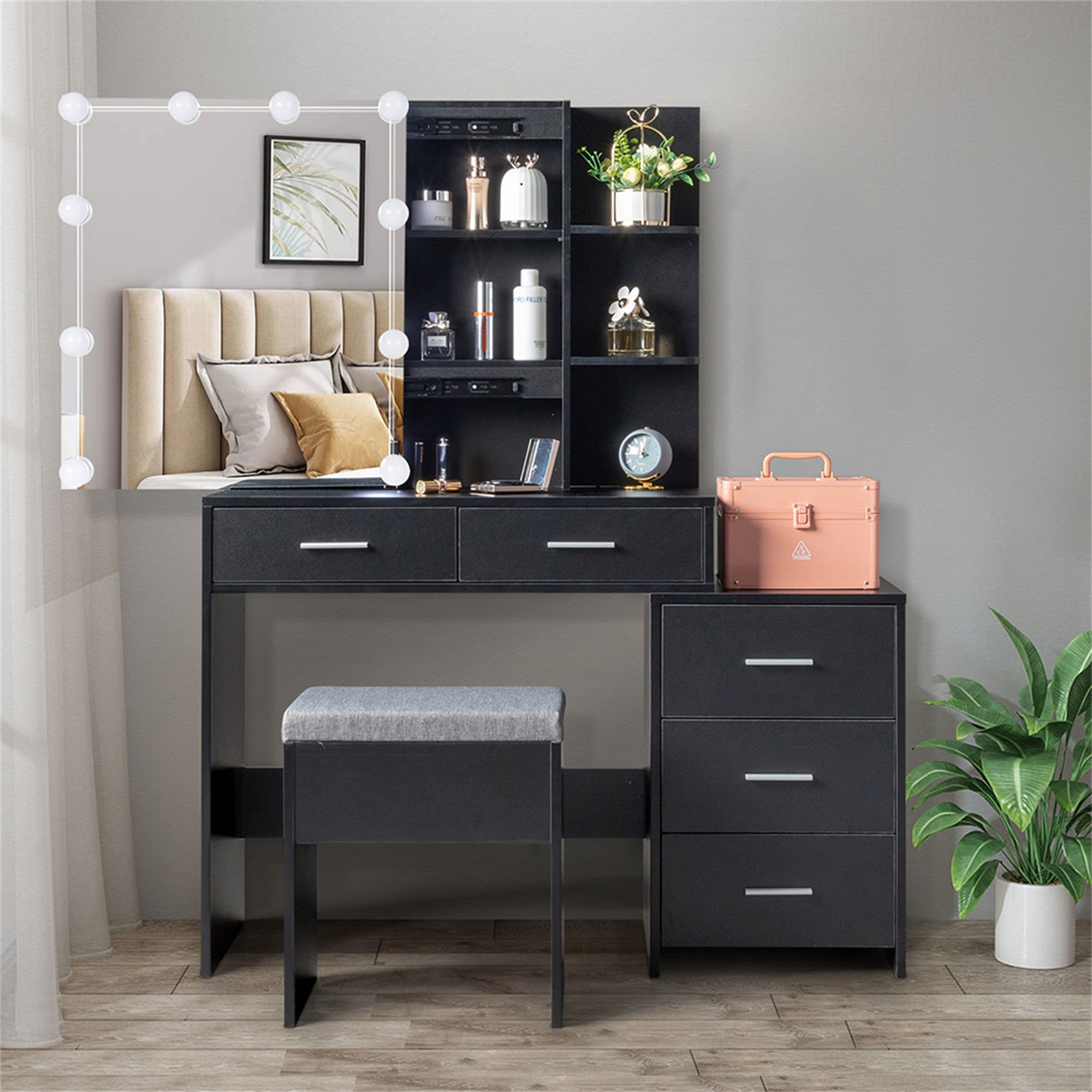 Kadyn Makeup Vanity Table, Vanity Table and Chair Set with 5 Pumps 2 Shelves, Black