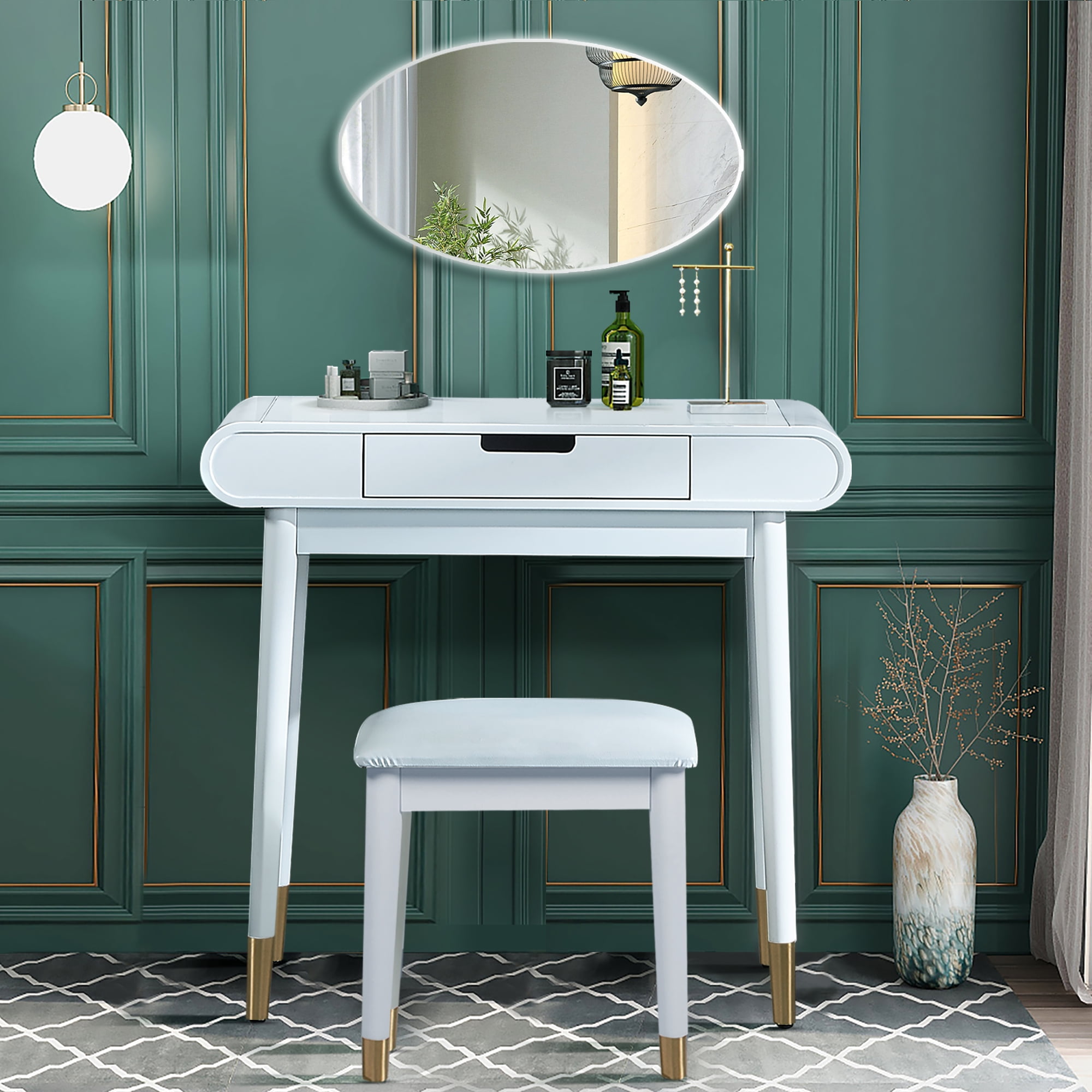 Kadyn Makeup Vanity with Mirror, Small Computer Desk Home Office Desk for Writing Study Bedroom, White