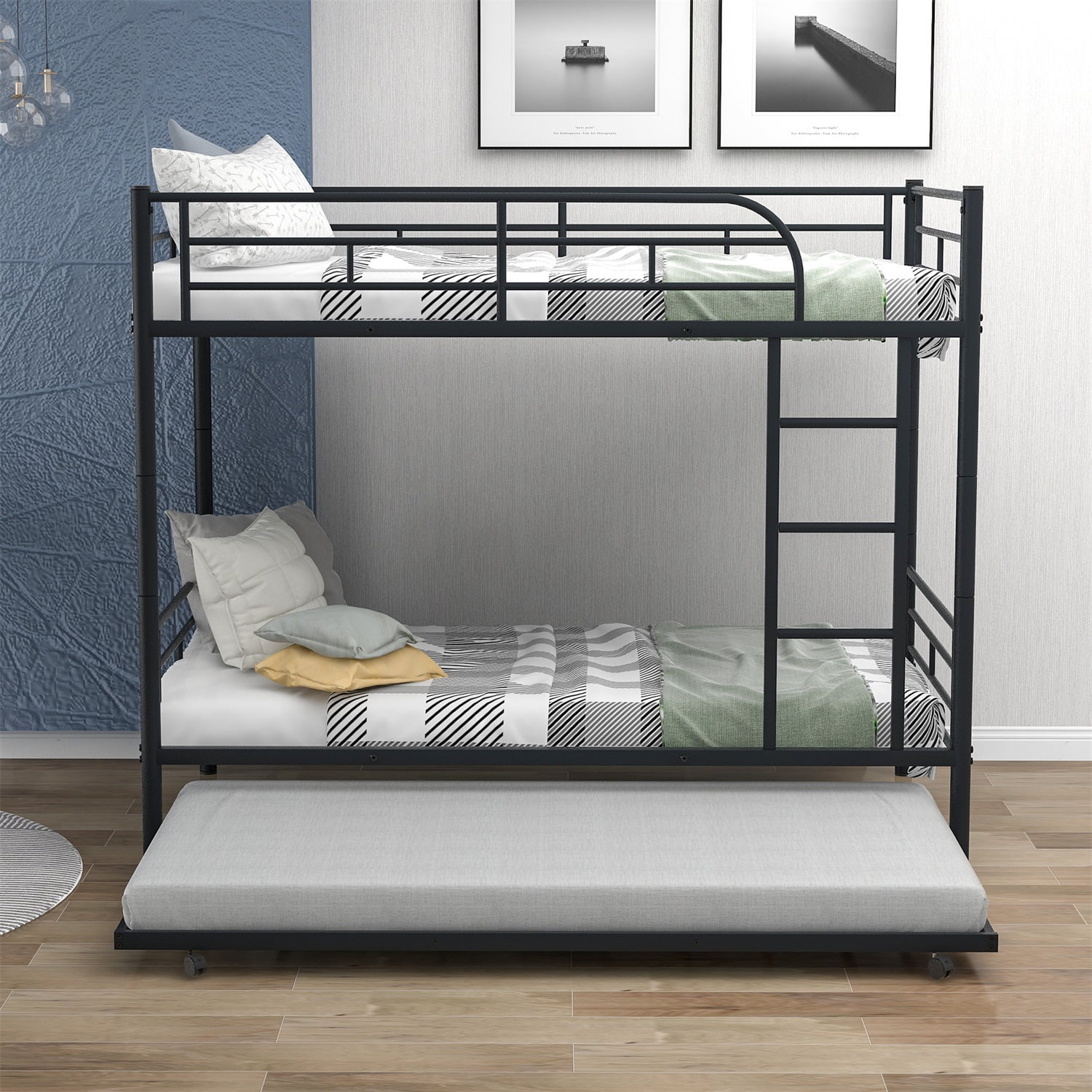 Kadyn Metal Bunk Bed, Twin-Over-Twin Bed with Trundle, Can be Divided into two beds, Modern Bunk Bed Frame for Juniors, Black