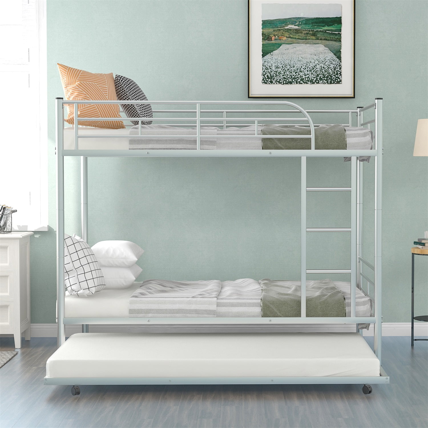 Kadyn Metal Bunk Bed, Twin-Over-Twin Bed with Trundle, Can be Divided into two beds, Modern Bunk Bed Frame for Juniors, Silver