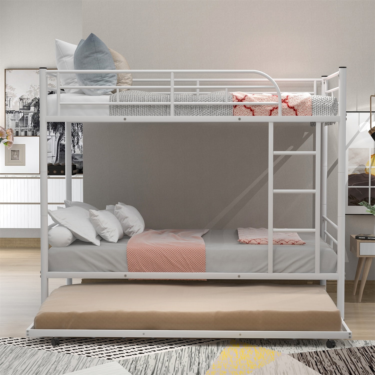 Kadyn Metal Bunk Bed, Twin-Over-Twin Bed with Trundle, Can be Divided into two beds, Modern Bunk Bed Frame for Juniors, White