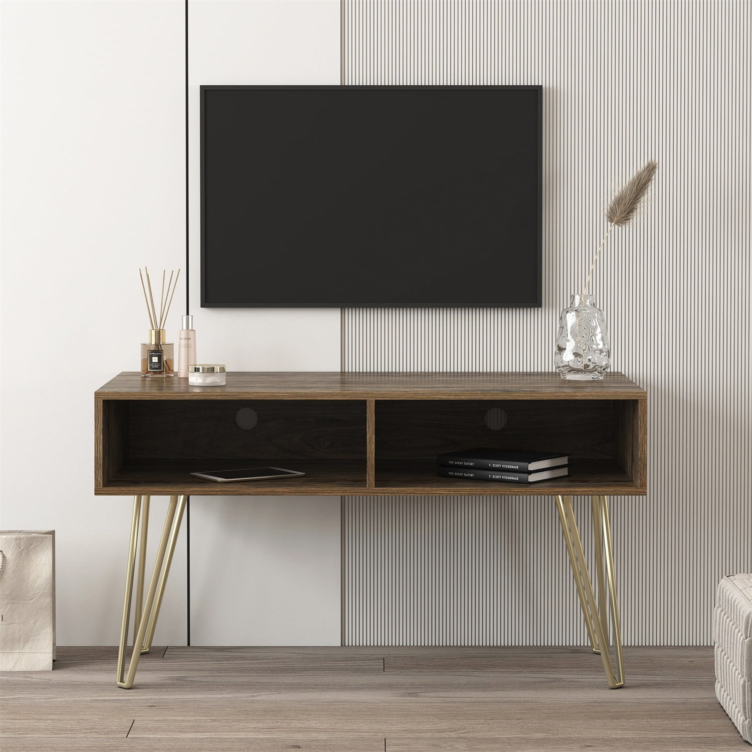 Kadyn Mid Century Modern Corner Tv Stand with Open Shelves, Tv Stand for Living Room, Entertainment Center with Storage, Espresso