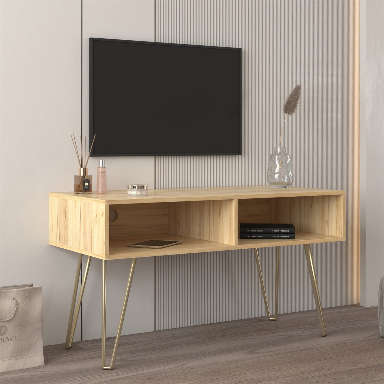 Kadyn Mid Century Modern Corner Tv Stand with Open Shelves, Tv Stand for Living Room, Entertainment Center with Storage, Oak