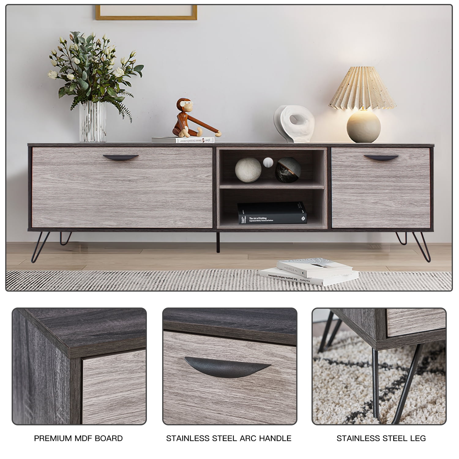 Kadyn Mid Century TV Stand Console, Fiberboard TV Console for TV up to 79 Inch, Modern TV Cabinet with 2 Cabinets & Shelves, Plaid Grey Oak