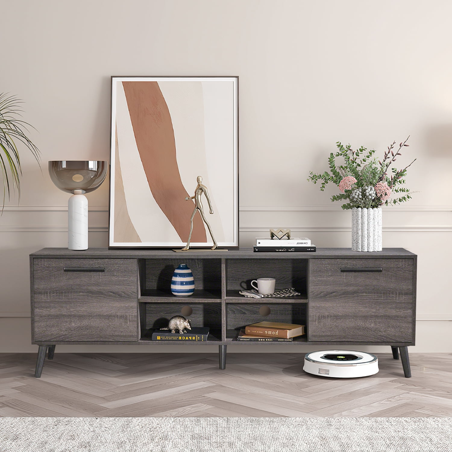 Kadyn Mid Century TV Stand, Modern TV Console with 2 Cabinets & Shelves, Fiberboard TV Entertainment Center for Living Room, Plaid Grey Oak