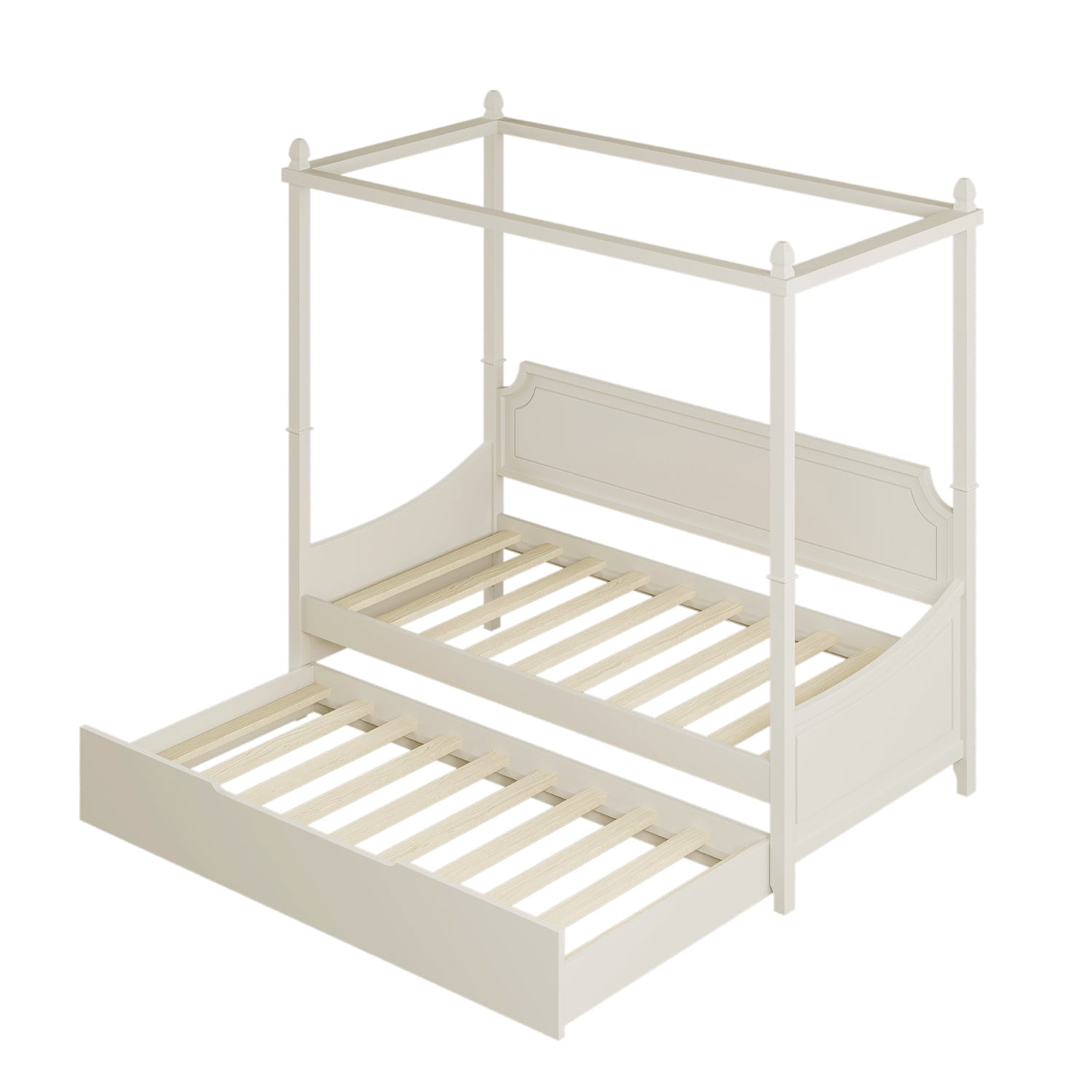 Kadyn Milky White Canopy Daybed, Twin Size Canopy Daybed Frame with Trundle Four Square Columns, Solid Wood Platform Bed Canopy Daybed Frame for Kids Adults Bedroom Dorm, White