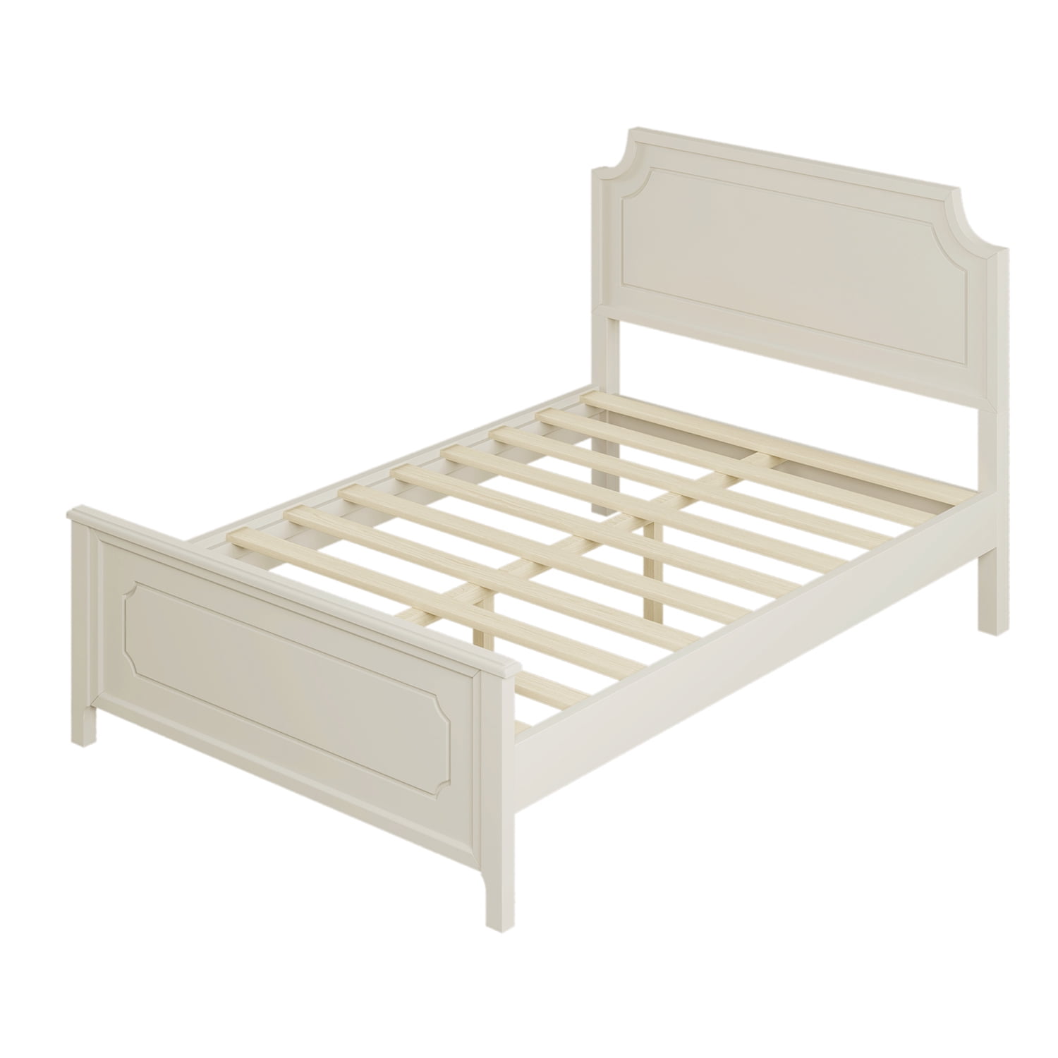 Kadyn Milky White Solid Rubber Wood Platform Bed, Modern Wood Full Platform Bed with Headboard, Farmhouse bedstead for Bedroom