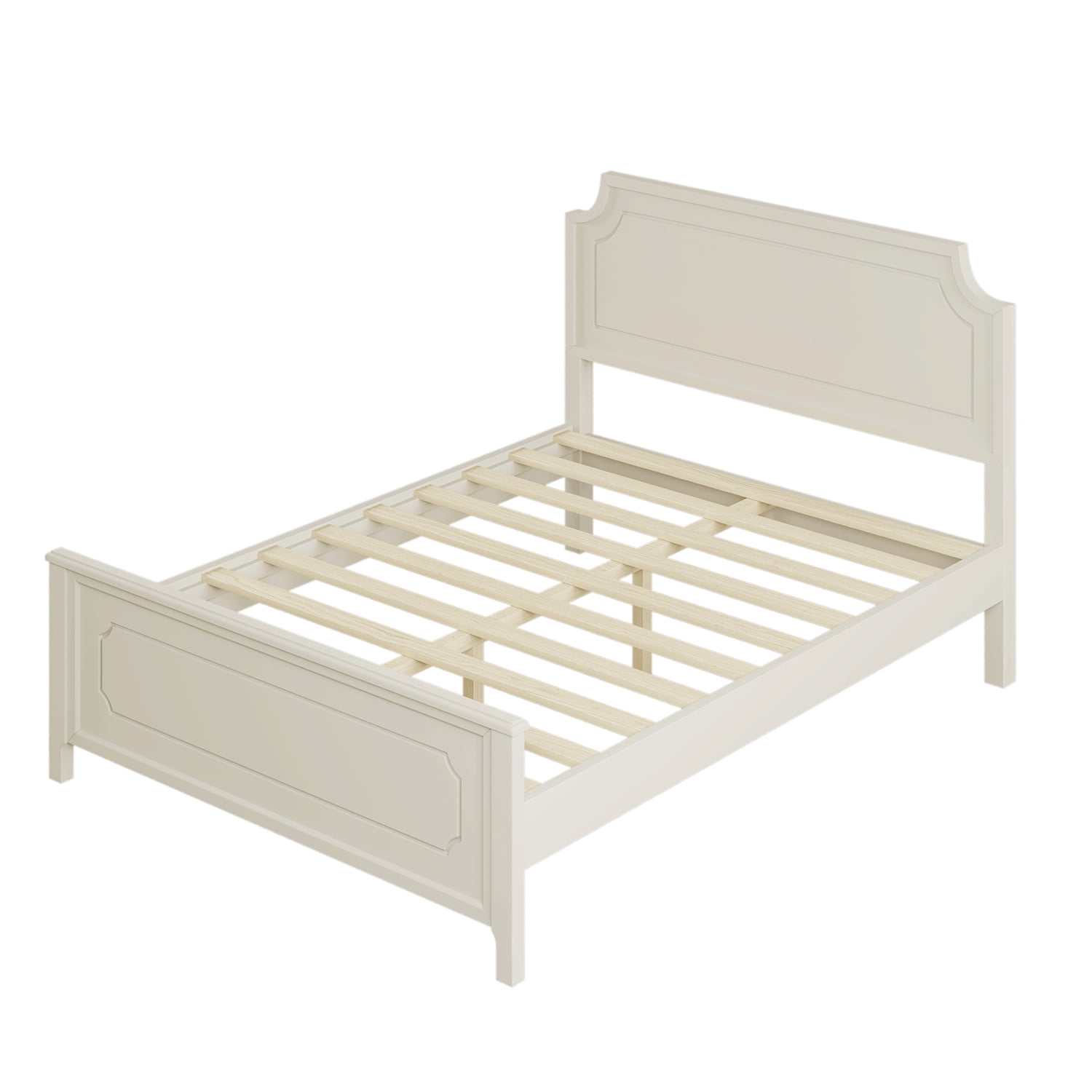 Kadyn Milky White Solid Rubber Wood Platform Bed, Modern Wood Queen Platform Bed with Headboard, Farmhouse bedstead for Bedroom