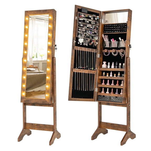 Kadyn Mirror Jewelry Cabinet Armoire with 20 Warm Lights and 4 Tilt Angles, Jewelry Armoire Cabinet for Bedroom, Living Room, Closet, Rustic Brown