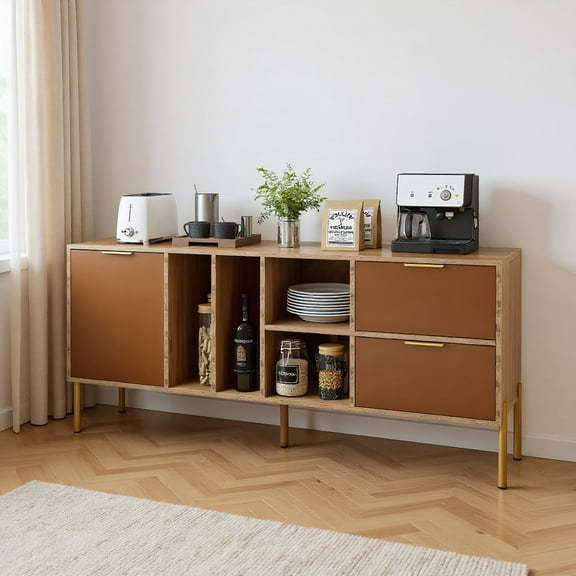 Kadyn Mirrored Buffet Cabinet with 2 Drawers and 1 Door for Living Room-Natural