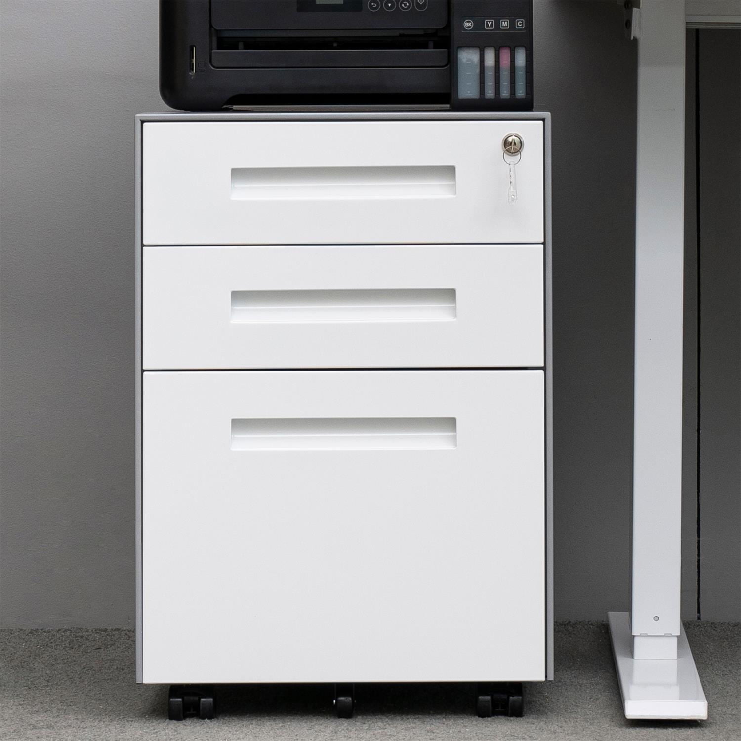 Kadyn Mobile File Cabinet, Printer Stand for Legal/Letter/A4/F4 Size, 3 Drawer Metal File Cabinet with Lock Steel, White+gray