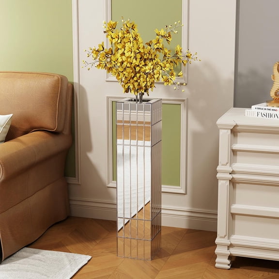 Kadyn Modern 29.92" Silver Cube Floor Vase for Living Room Decor with Large Glass Vase for Dried Flowers