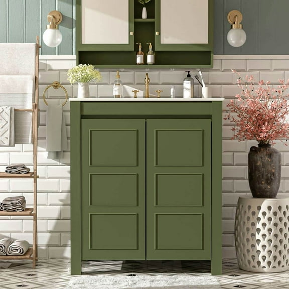 Kadyn Modern Bathroom Vanity,Bathroom Cabinet,30" Farmhouse Bathroom Vanity with Ceramic Sink, Soft-Close Door, Adjustable Shelf, Green