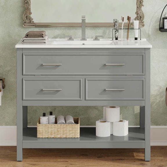 Kadyn Modern Bathroom Vanity,Bathroom Cabinet,36" Bathroom Vanity with Ceramic Sink, Bathroom Vanity with Tip-Out Tray and 2 Full-Extension Drawers, Gray