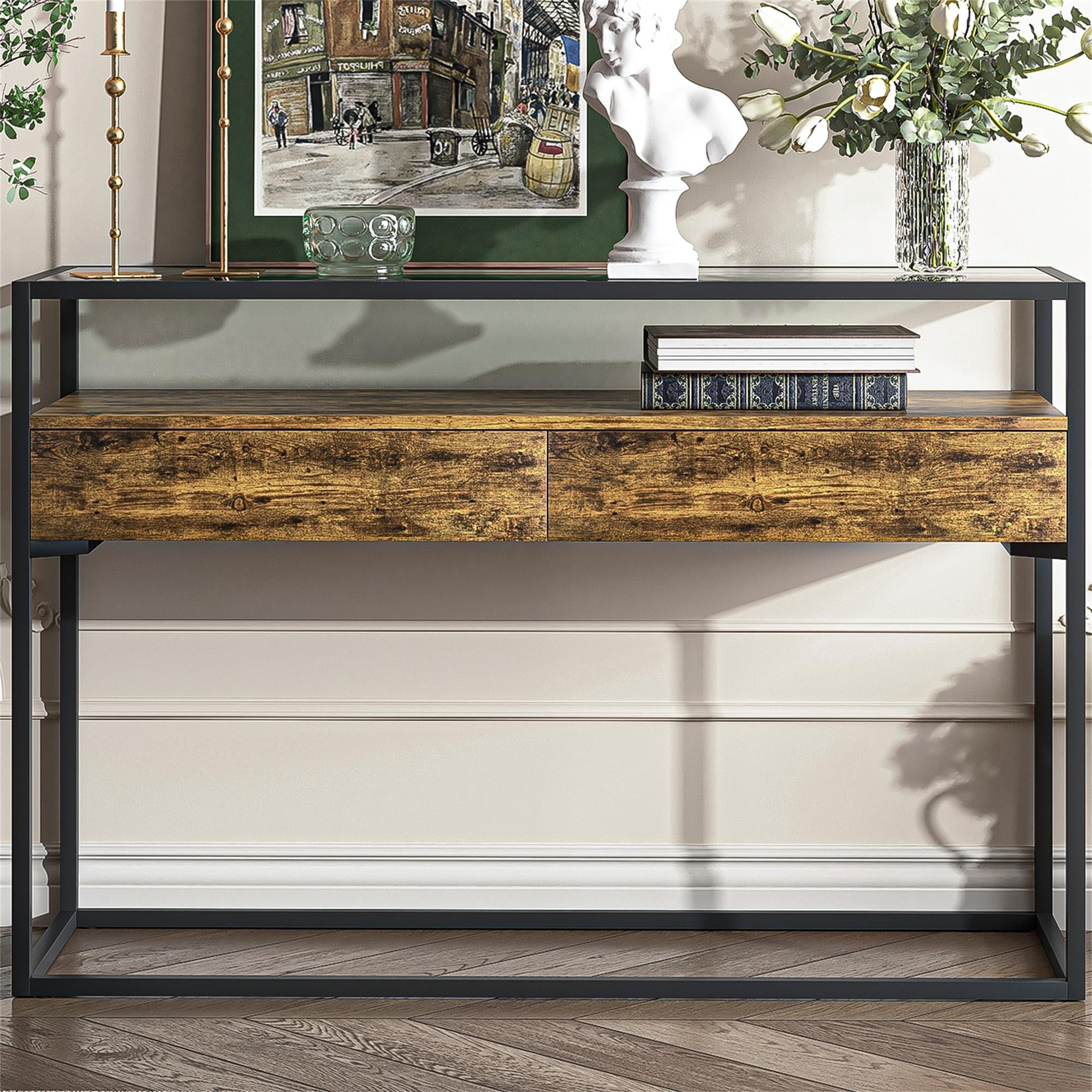 Kadyn Modern Console Table, Sofa Table with Drawers, Glass Entryway Table for Living Room, Brown