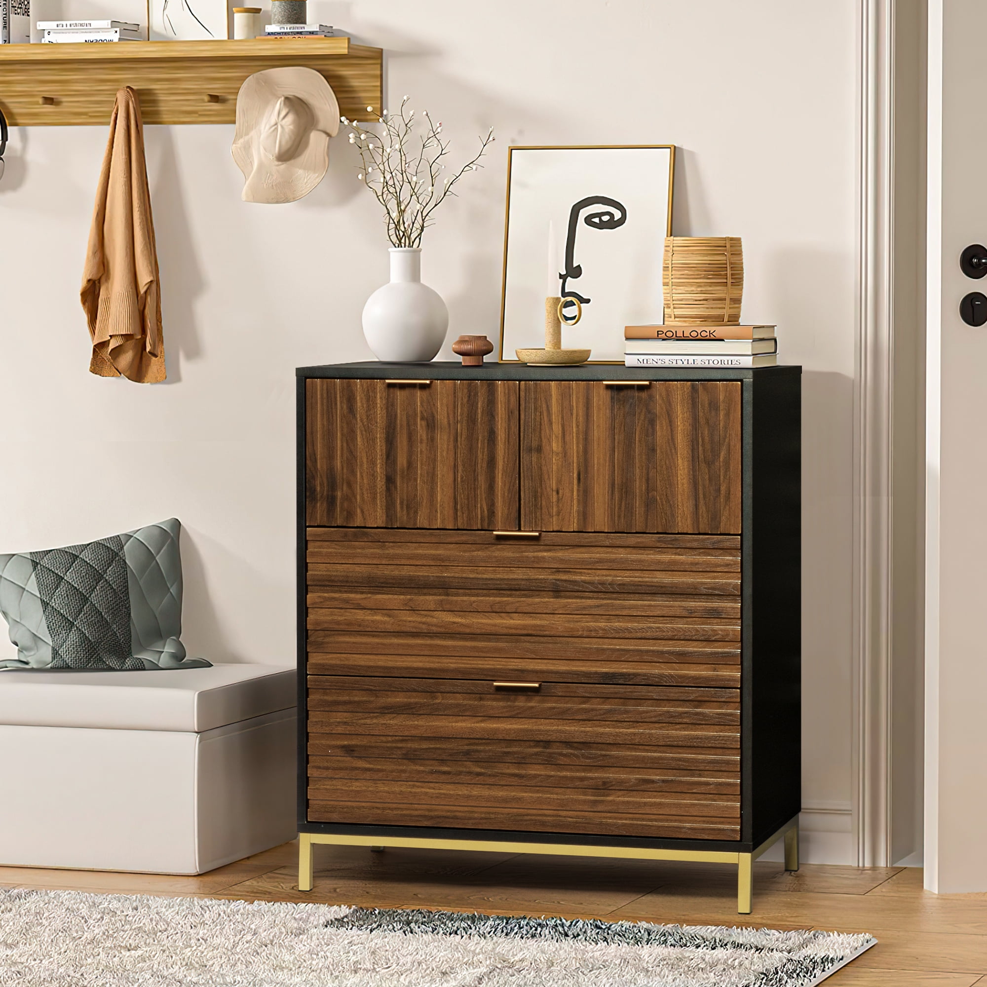 Kadyn Modern Drawer Dresser, Mid Century Chest of Drawers, 4 Drawer Chest Tower Storage Nursery Bedroom Dresser Organizer, Rustic Brown