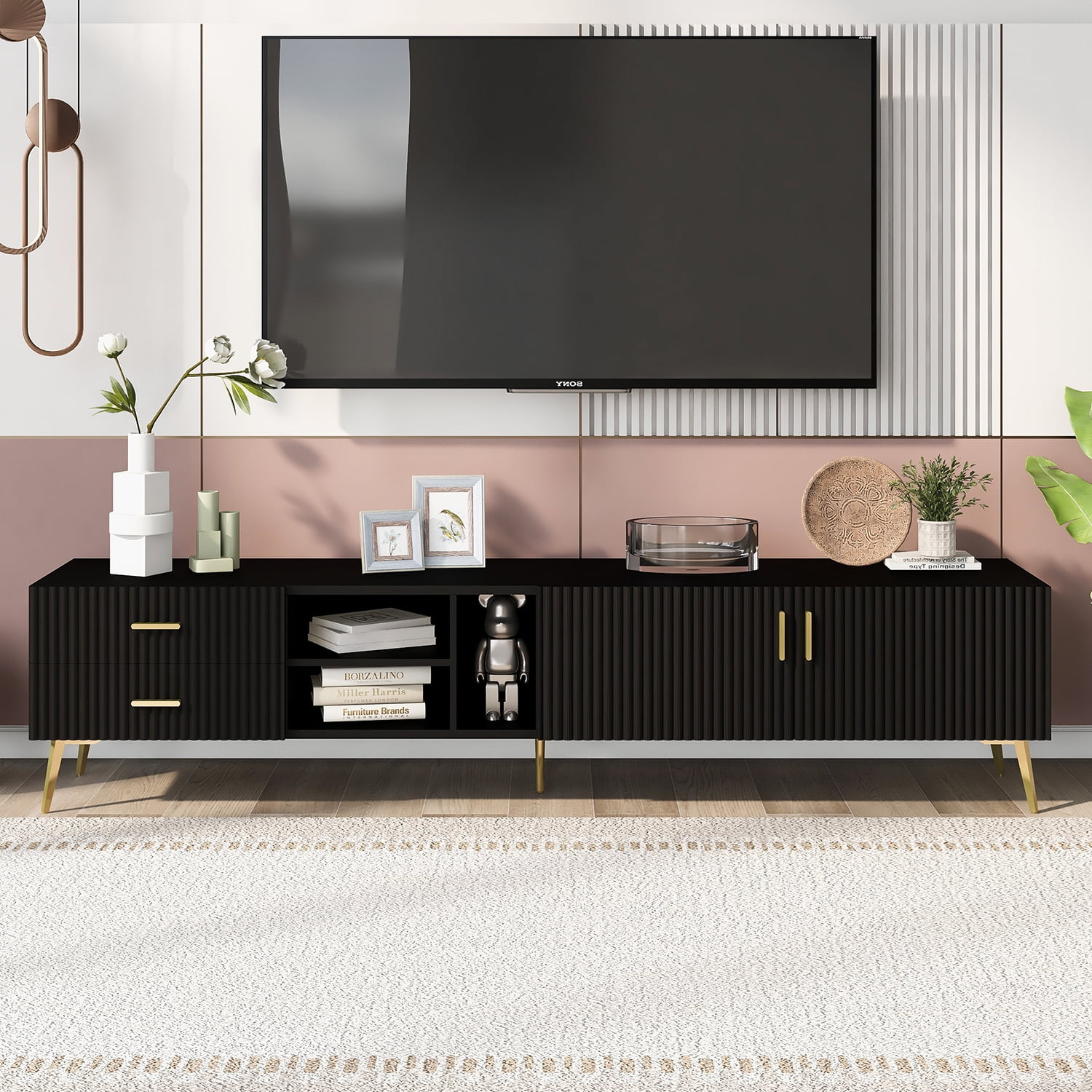 Kadyn Modern Entertainment Center, MDF TV Stand with 5 Champagne legs, Entertainment Center TV Console for TV up to 77", Black