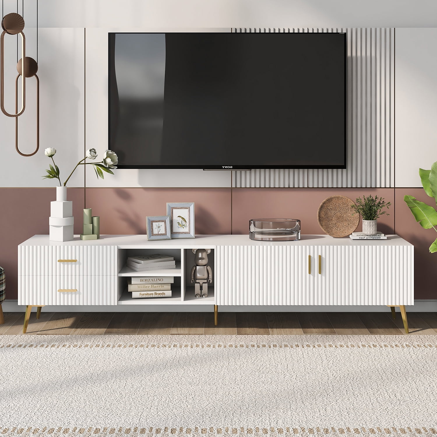 Kadyn Modern Entertainment Center, MDF TV Stand with 5 Champagne legs, Entertainment Center TV Console for TV up to 77", White