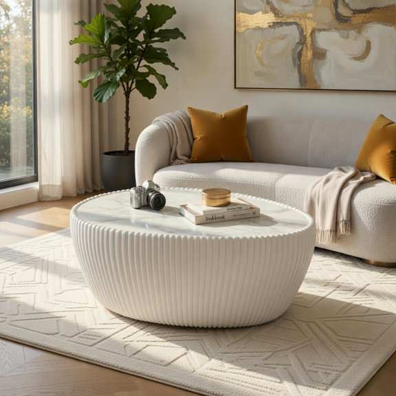 Kadyn Modern Goose Egg-Shaped White PU Leather & Sintered Stone Coffee Table for Living Room – Unique Natural Pattern Top, No Assembly Required