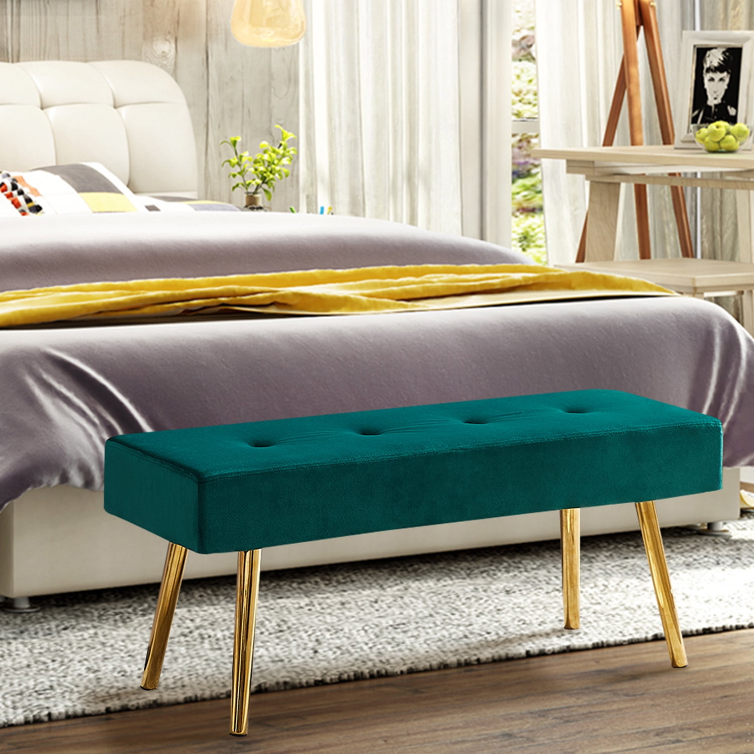 Kadyn Modern Long Bench, Velvet Bed End Stool with Gold Legs, Upholstered Bench Ottoman for Entryway and Bedroom, Dark Green