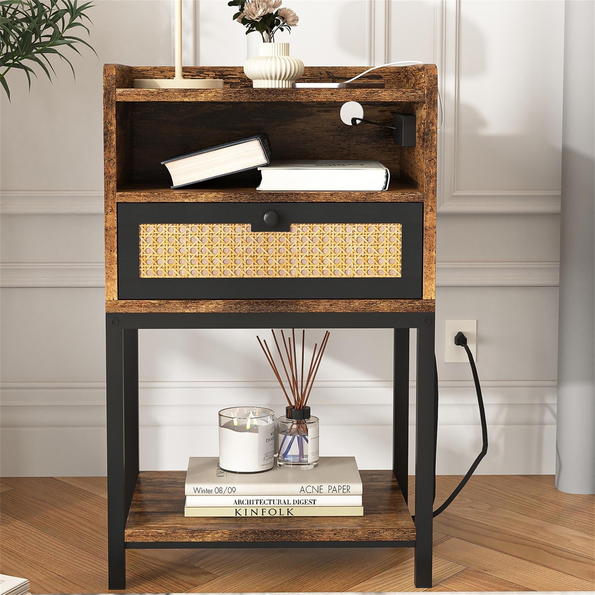 Kadyn Modern Nightstand, Night Stand with Charging Station & USB Ports, Bedside Table with Drawers and Charging Cable for Living Room, Brown