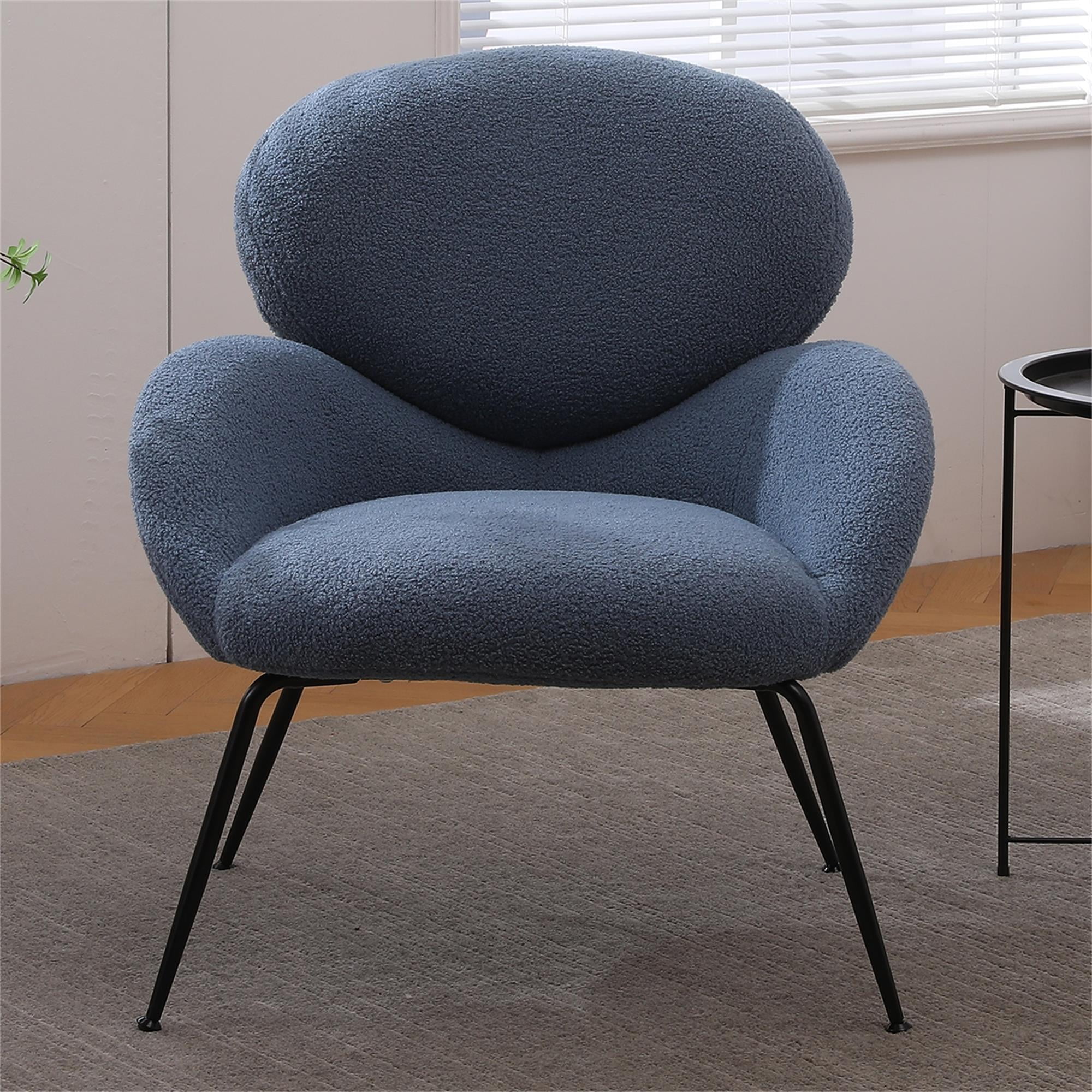 Kadyn Modern Sherpa Armchair with Black Metal Legs, Comfy and Soft Chairs for Bedroom, Blue