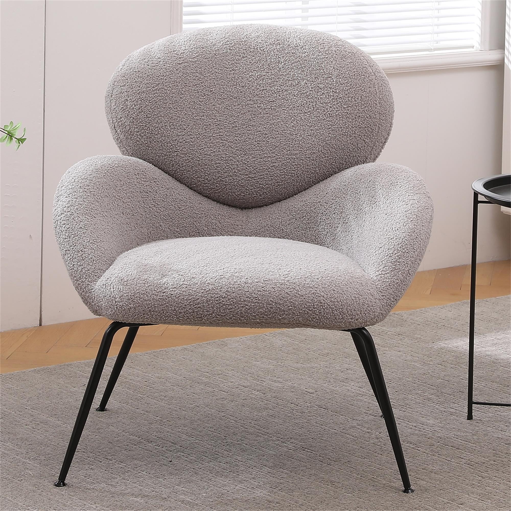 Kadyn Modern Sherpa Armchair with Black Metal Legs, Comfy and Soft Chairs for Bedroom, Grey