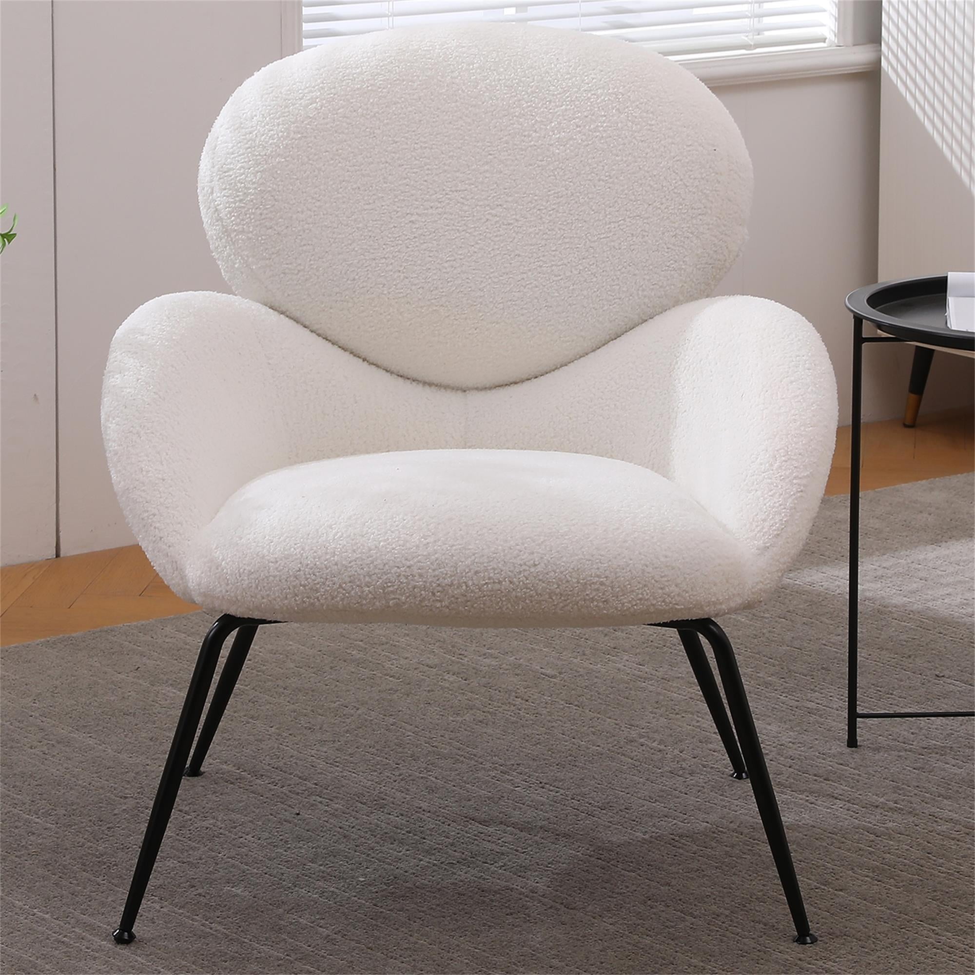 Kadyn Modern Sherpa Armchair with Black Metal Legs, Comfy and Soft Chairs for Bedroom, Ivory