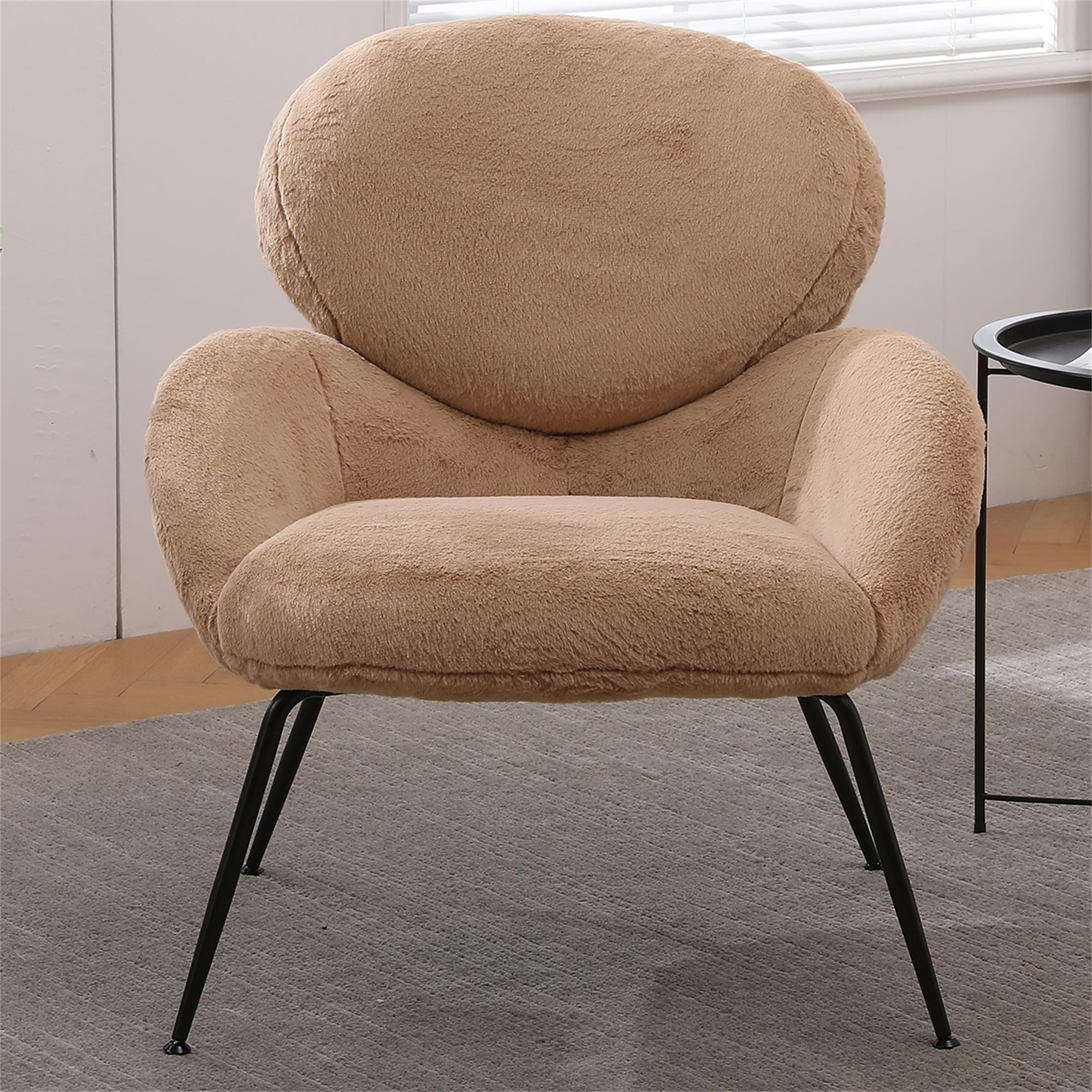 Kadyn Modern Sherpa Armchair with Black Metal Legs, Comfy and Soft Chairs for Bedroom, Light Brown